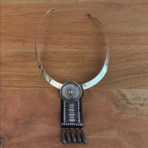 Statement Silver Collar Necklace with Black Embroidered Pendant from Laos